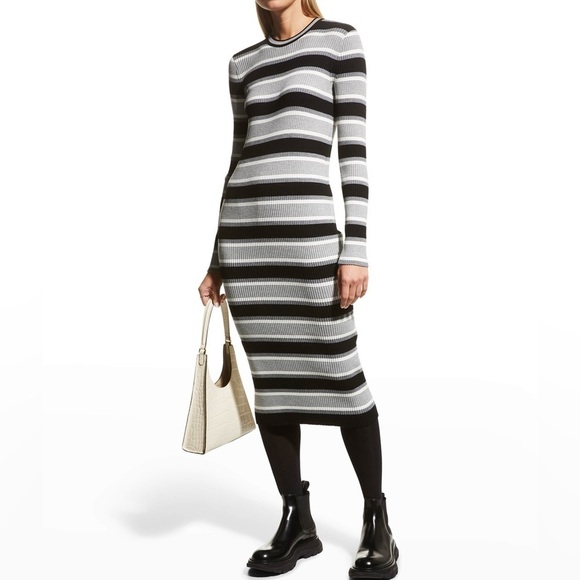 NWOT Theory Empire Wool Stripe Ribbed Merino wool stretch Midi Dress Medium - Picture 1 of 11